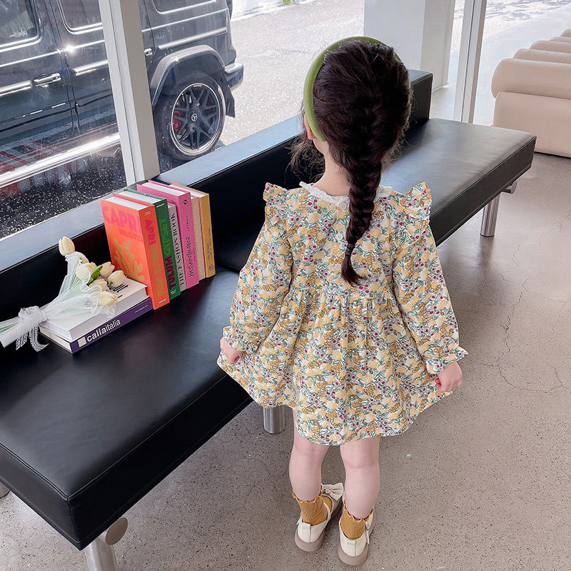 Girls Yellow Floral Printed Gathered Cotton Fit & Flare Mini Dress