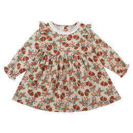 Beige Floral Printed Round Neck Ruffled Cotton A-Line Dress