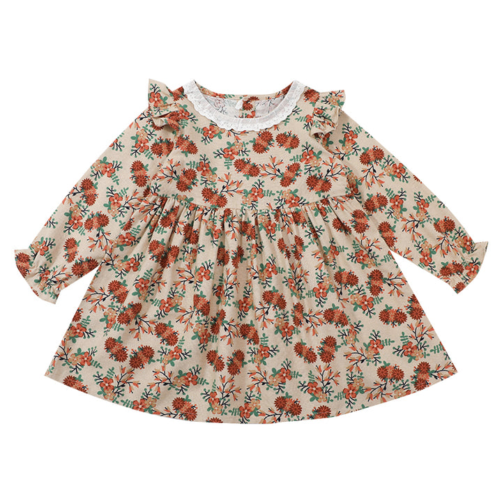 Beige Floral Printed Round Neck Ruffled Cotton A-Line Dress