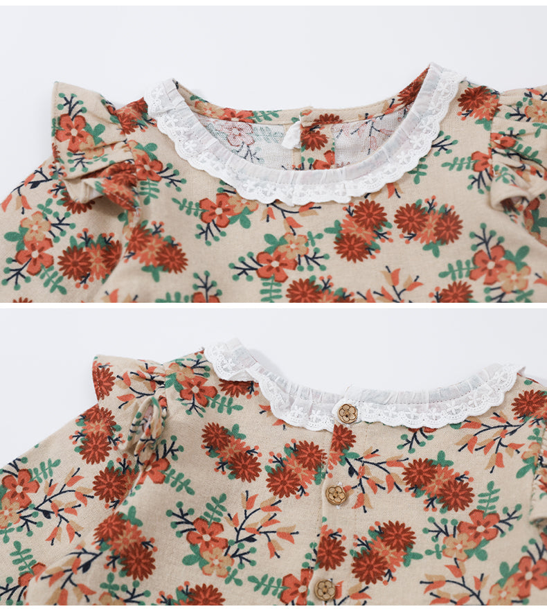 Beige Floral Printed Round Neck Ruffled Cotton A-Line Dress