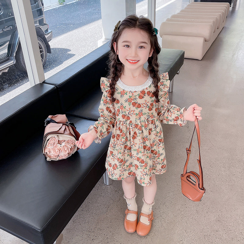 Beige Floral Printed Round Neck Ruffled Cotton A-Line Dress