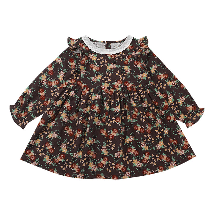 Brown Girls Floral Printed Cuffed Sleeve Ruffled Fit & Flare Cotton Dress