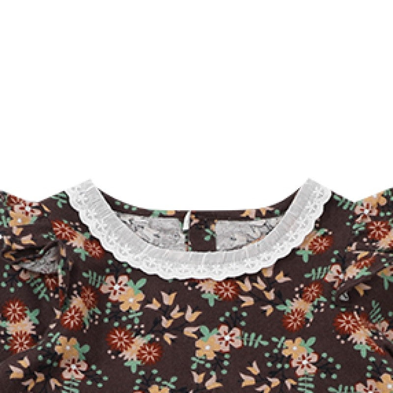 Brown Girls Floral Printed Cuffed Sleeve Ruffled Fit & Flare Cotton Dress