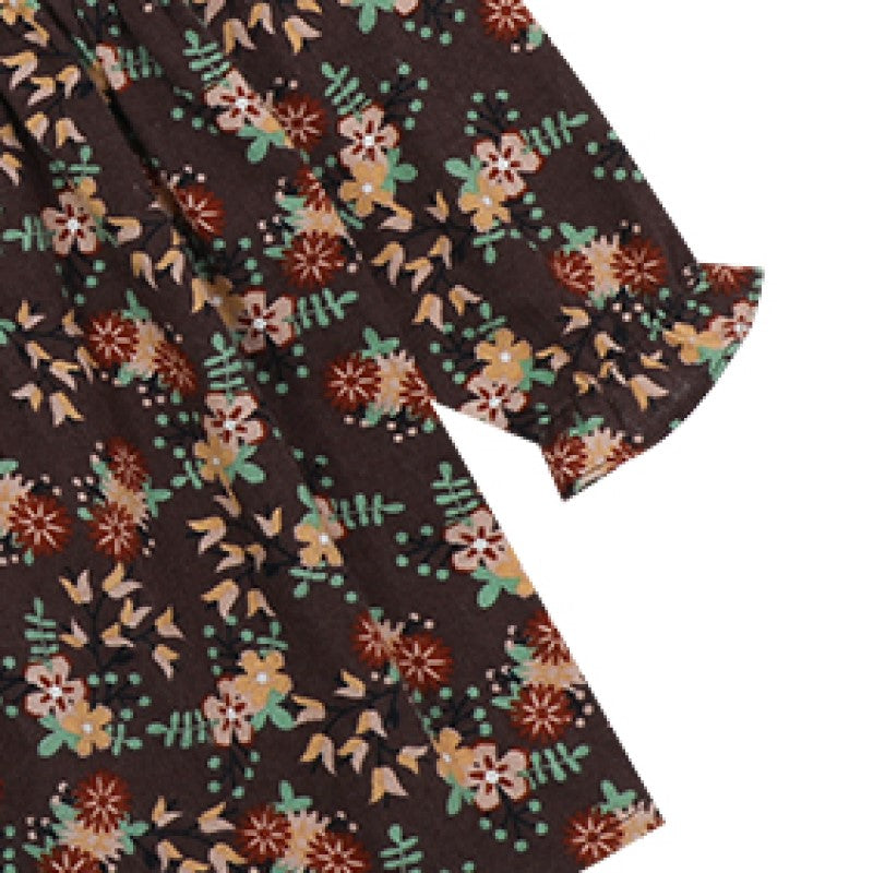 Brown Girls Floral Printed Cuffed Sleeve Ruffled Fit & Flare Cotton Dress
