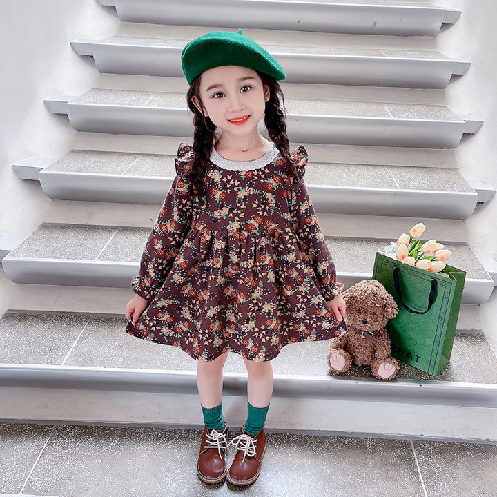 Brown Girls Floral Printed Cuffed Sleeve Ruffled Fit & Flare Cotton Dress