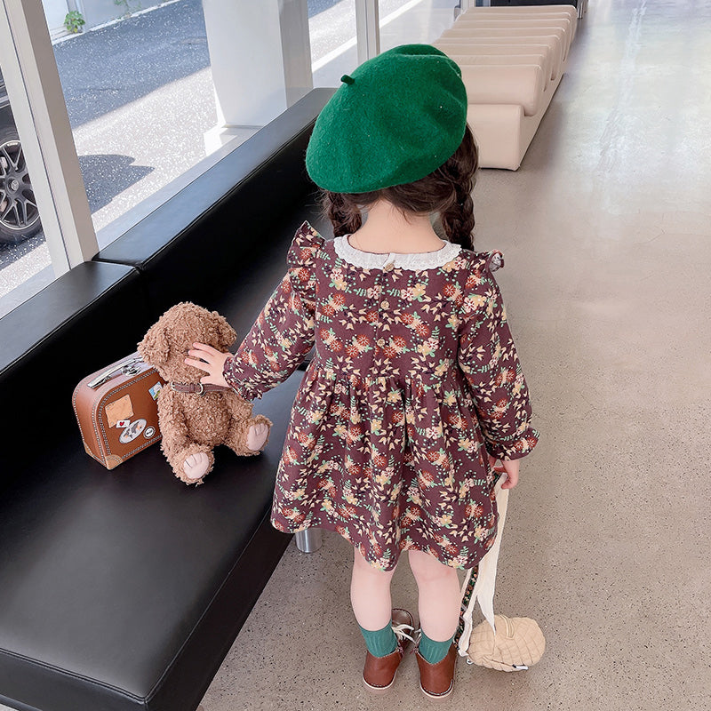 Brown Girls Floral Printed Cuffed Sleeve Ruffled Fit & Flare Cotton Dress