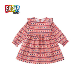 Girls Red Floral Printed Round Neck Cotton Fit and Flare Dress