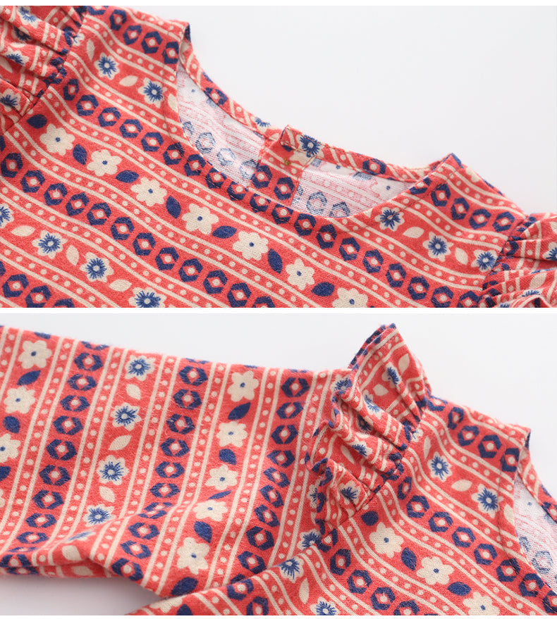 Girls Red Floral Printed Round Neck Cotton Fit and Flare Dress