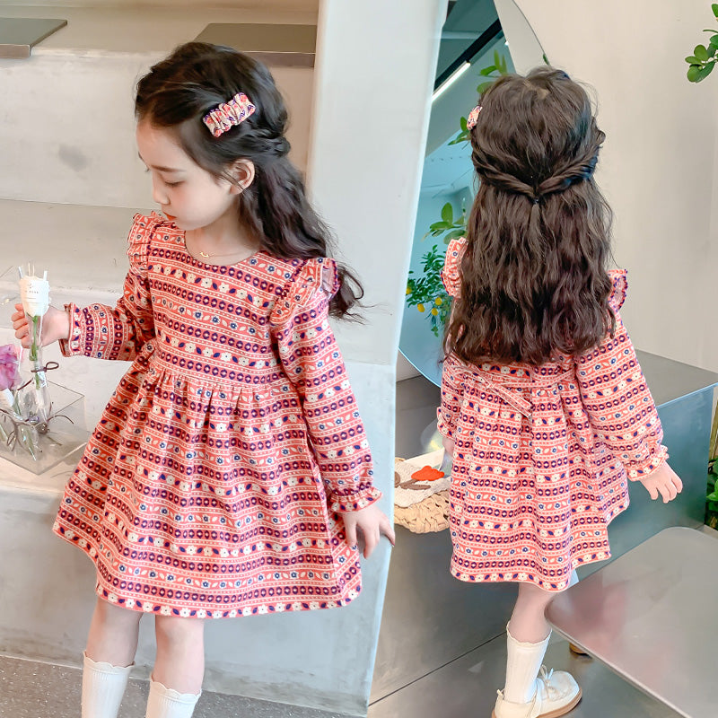 Girls Red Floral Printed Round Neck Cotton Fit and Flare Dress