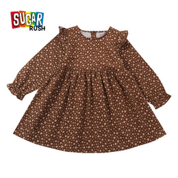 Girls Brown & White Floral Print Ruffled Cotton Fit & Flare Dress