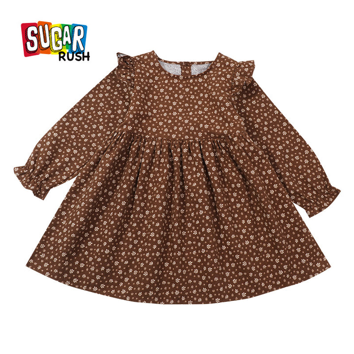 Girls Brown & White Floral Print Ruffled Cotton Fit & Flare Dress