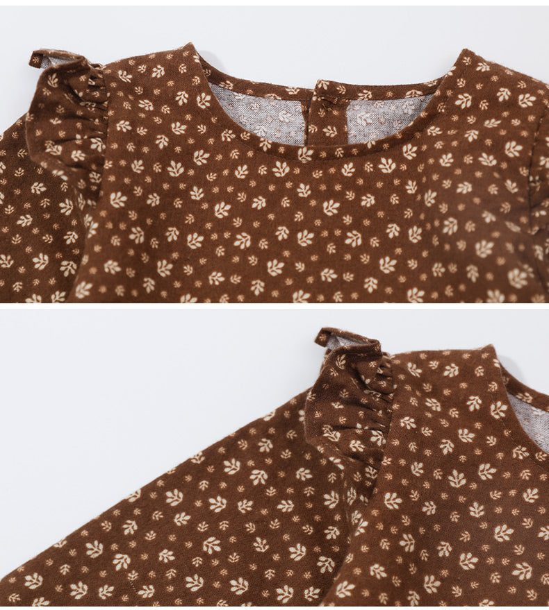 Girls Brown & White Floral Print Ruffled Cotton Fit & Flare Dress