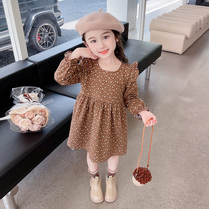 Girls Brown & White Floral Print Ruffled Cotton Fit & Flare Dress