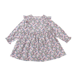 Girls Pink Floral Printed Gathered Ruffles Cotton Fit & Flare Dress