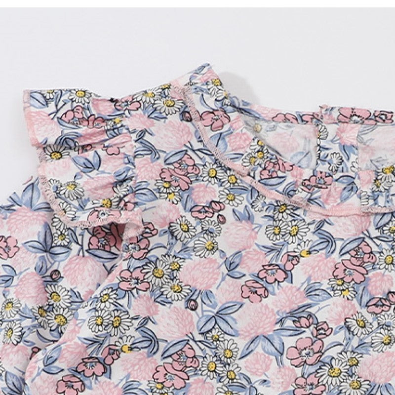 Girls Pink Floral Printed Gathered Ruffles Cotton Fit & Flare Dress