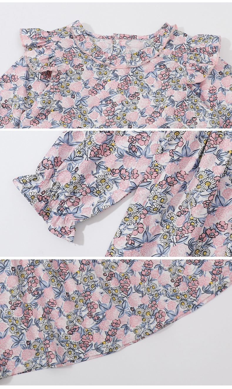 Girls Pink Floral Printed Gathered Ruffles Cotton Fit & Flare Dress