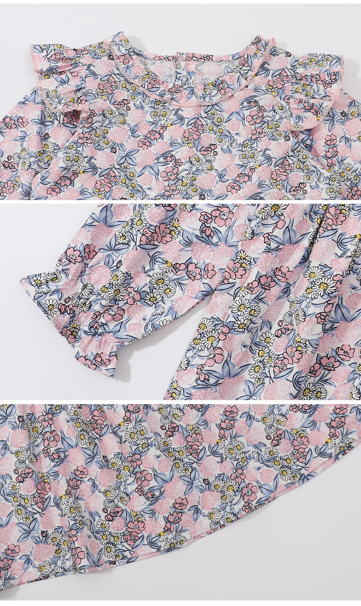 Girls Pink Floral Printed Gathered Ruffles Cotton Fit & Flare Dress