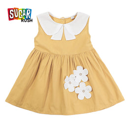 Girls Yellow & White Applique Cotton Fit & Flare Dress