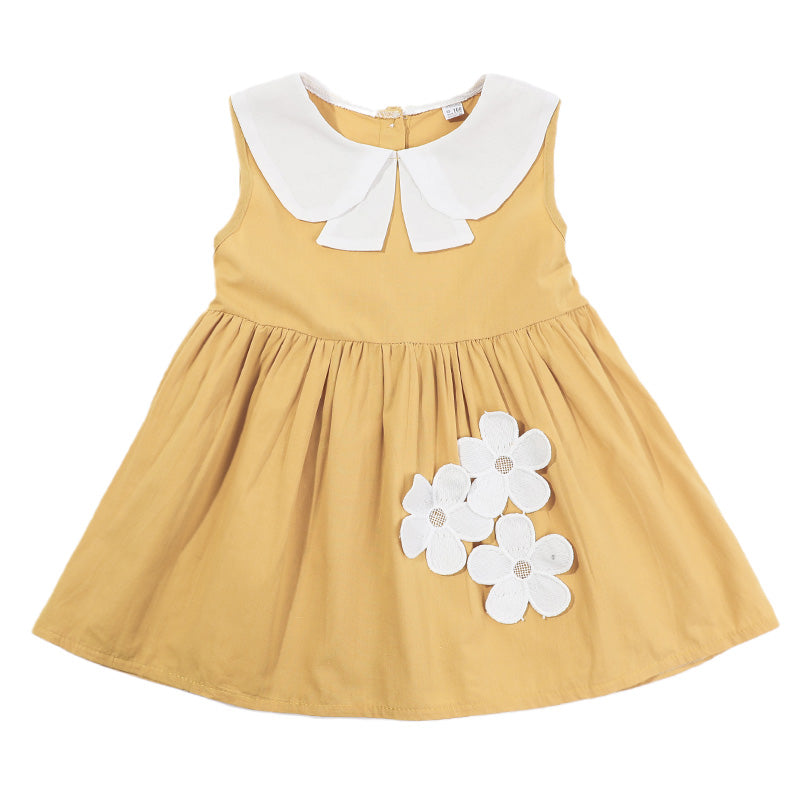 Girls Yellow & White Applique Cotton Fit & Flare Dress