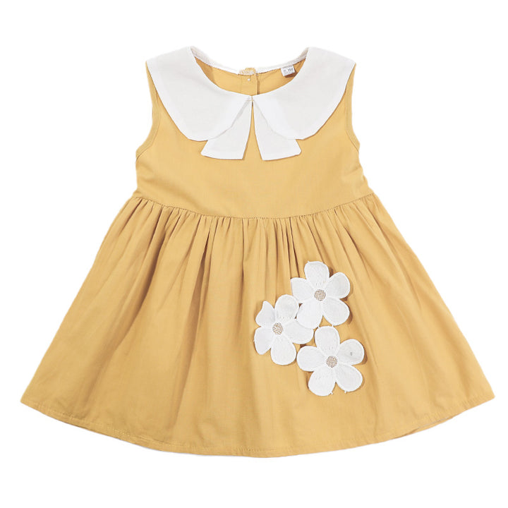 Girls Yellow & White Applique Cotton Fit & Flare Dress