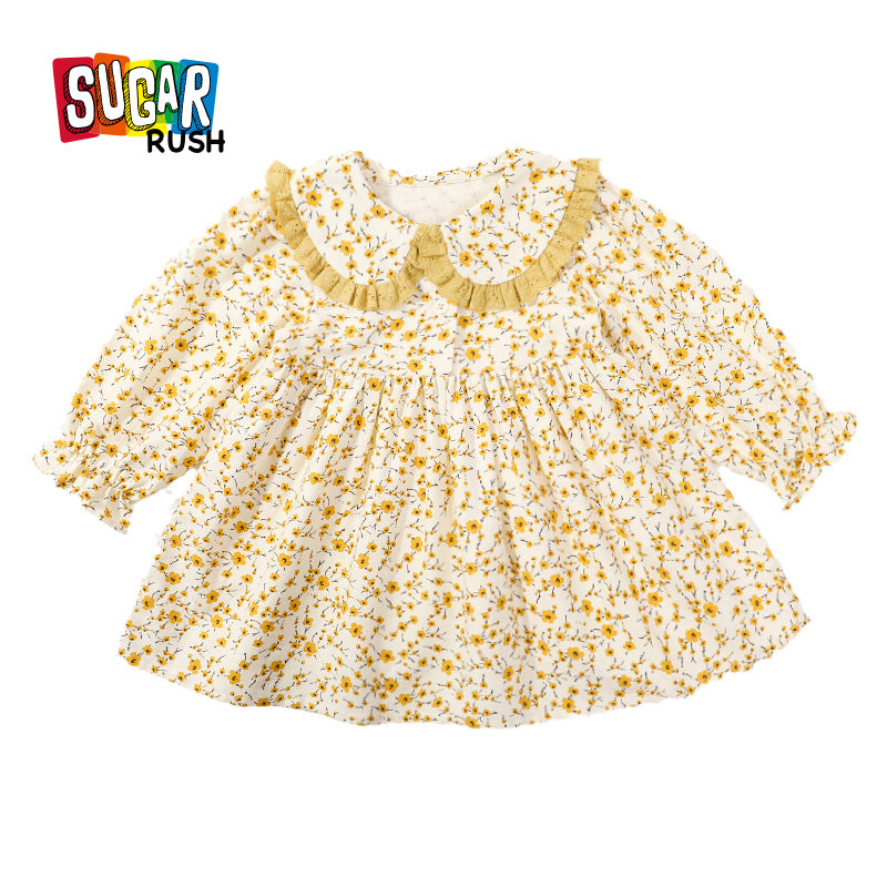 Girls Yellow Floral Printed Cotton Fit & Flare Dress