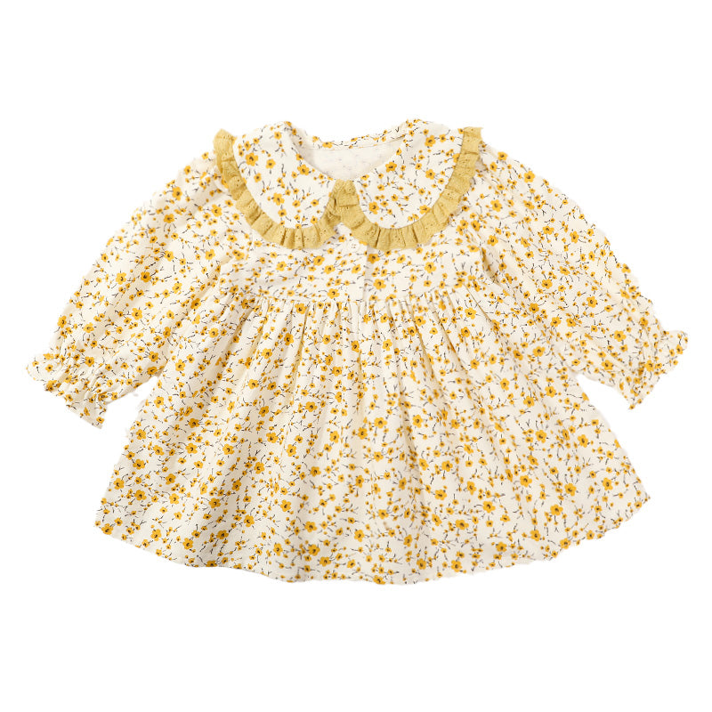 Girls Yellow Floral Printed Cotton Fit & Flare Dress