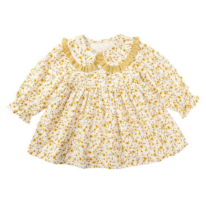 Girls Yellow Floral Printed Cotton Fit & Flare Dress