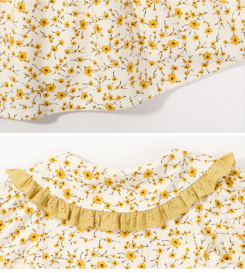 Girls Yellow Floral Printed Cotton Fit & Flare Dress