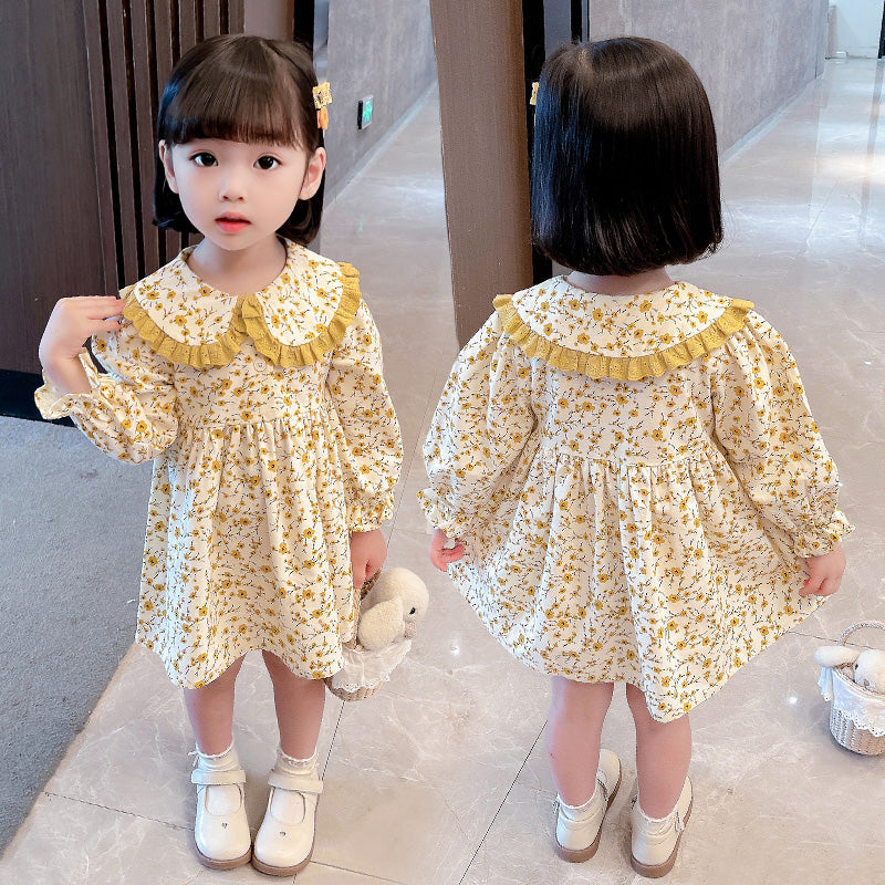 Girls Yellow Floral Printed Cotton Fit & Flare Dress