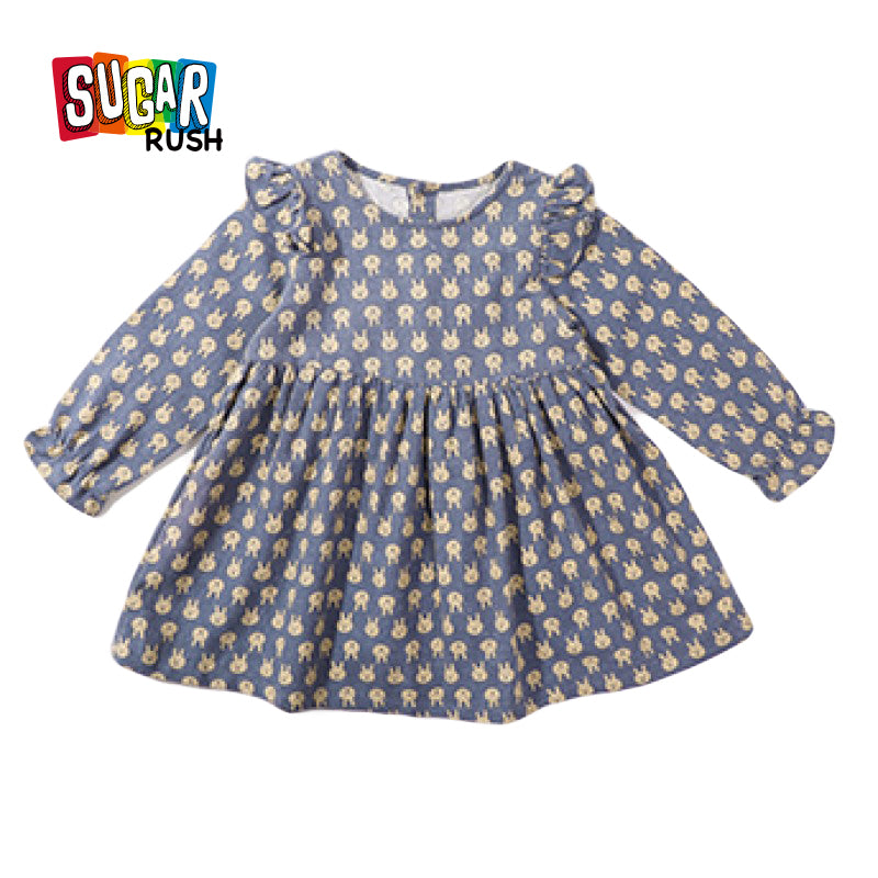 Blue Floral Print Puff Sleeve Ruffled Cotton A-Line Dress
