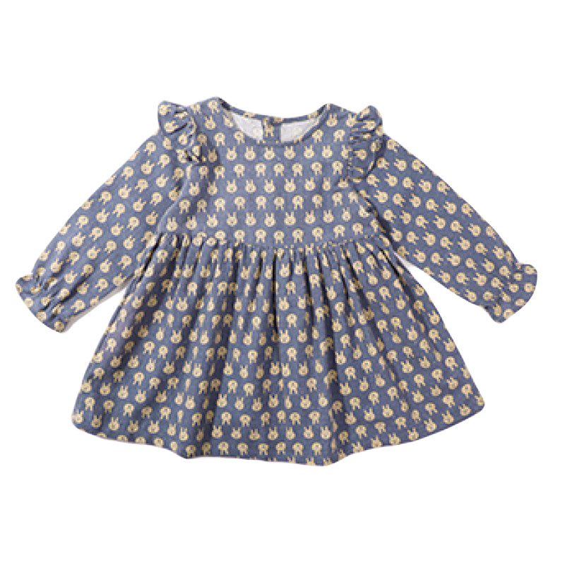 Blue Floral Print Puff Sleeve Ruffled Cotton A-Line Dress