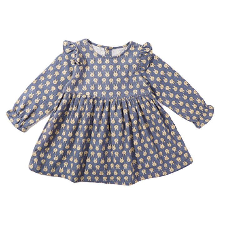 Blue Floral Print Puff Sleeve Ruffled Cotton A-Line Dress