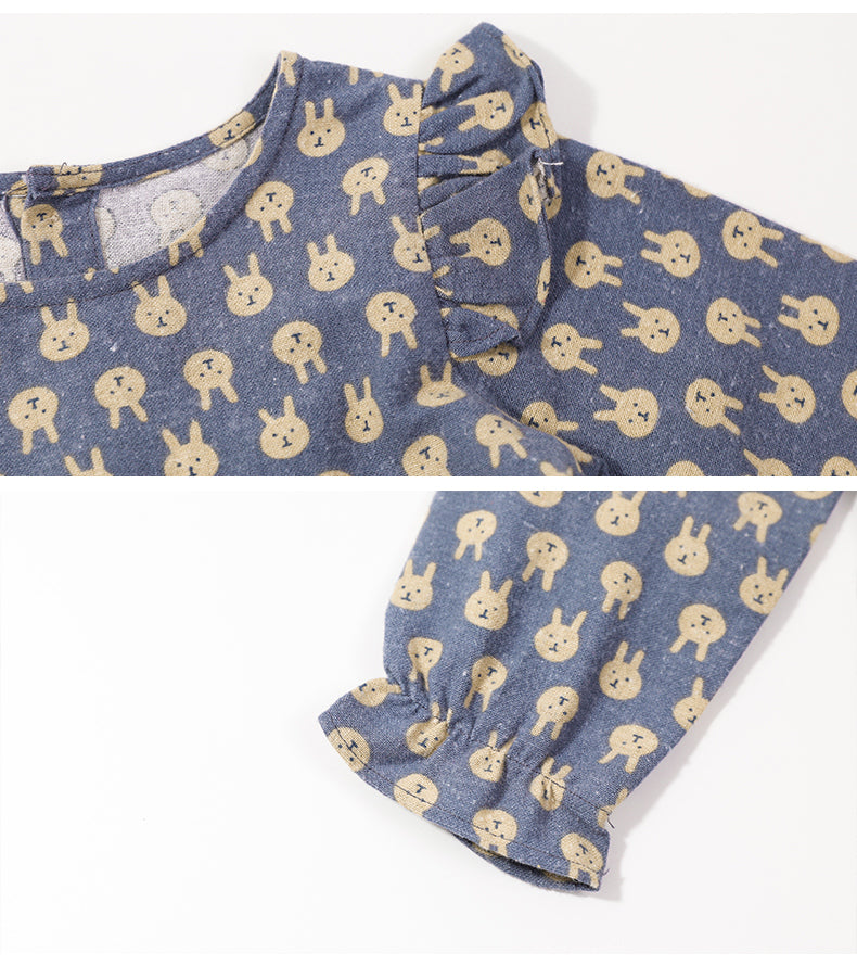 Blue Floral Print Puff Sleeve Ruffled Cotton A-Line Dress