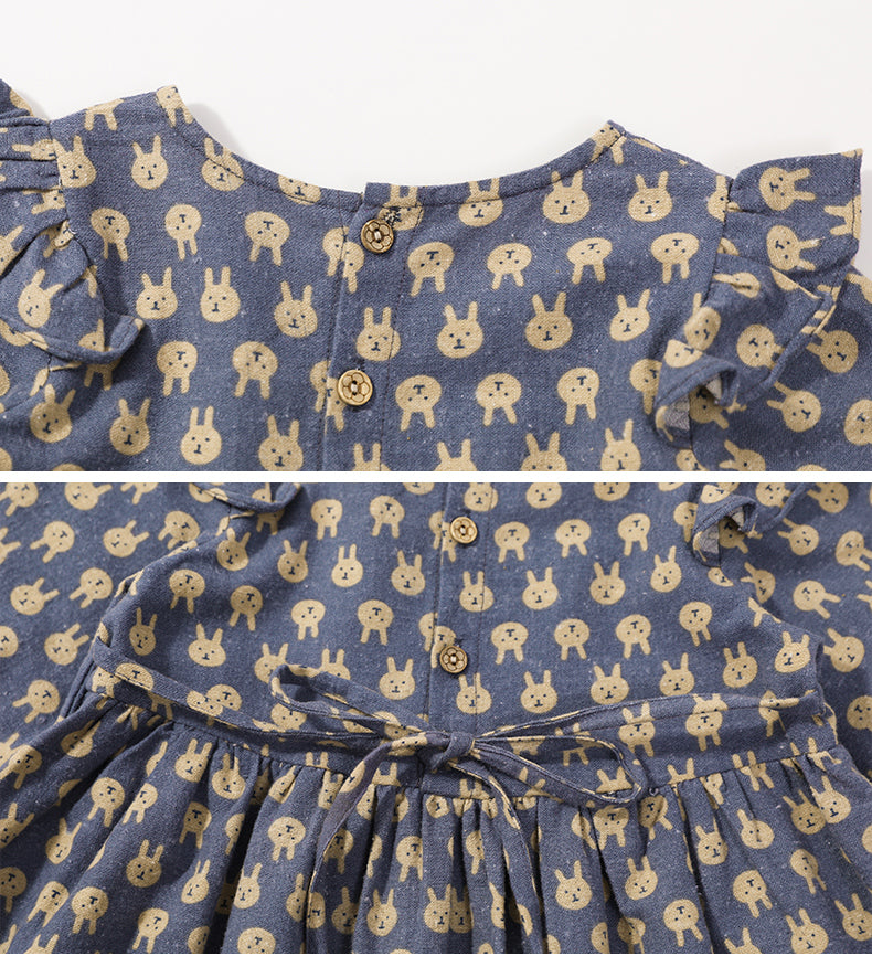 Blue Floral Print Puff Sleeve Ruffled Cotton A-Line Dress