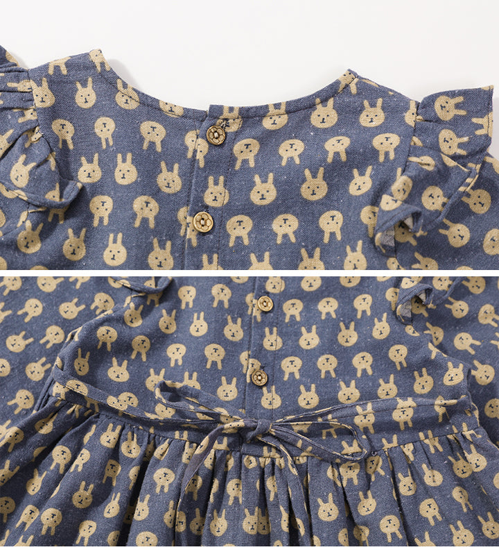 Blue Floral Print Puff Sleeve Ruffled Cotton A-Line Dress