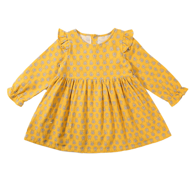 Girls Yellow Printed Puff Sleeve Ruffled Cotton Fit & Flare Dress