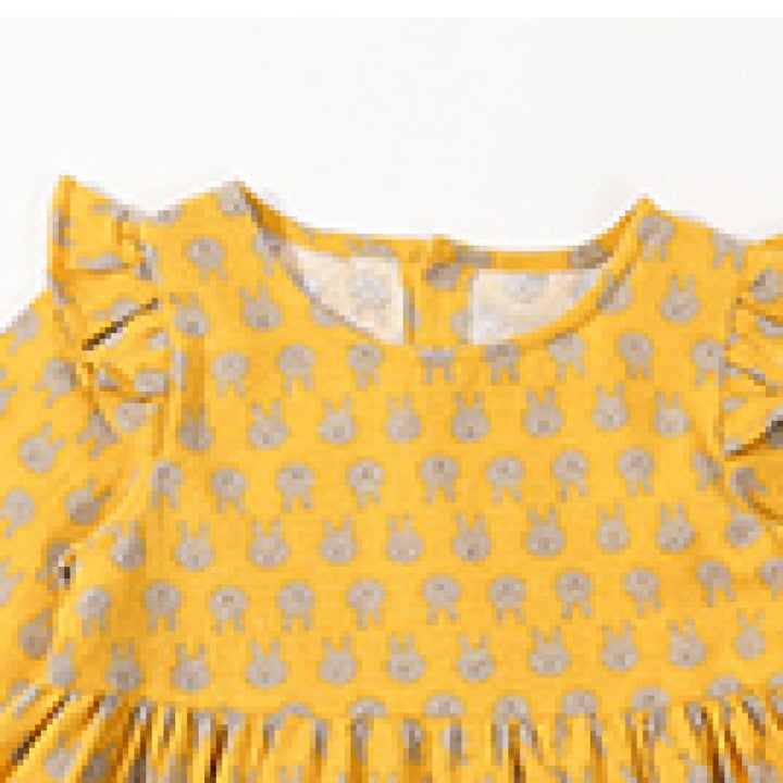 Girls Yellow Printed Puff Sleeve Ruffled Cotton Fit & Flare Dress