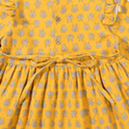 Girls Yellow Printed Puff Sleeve Ruffled Cotton Fit & Flare Dress