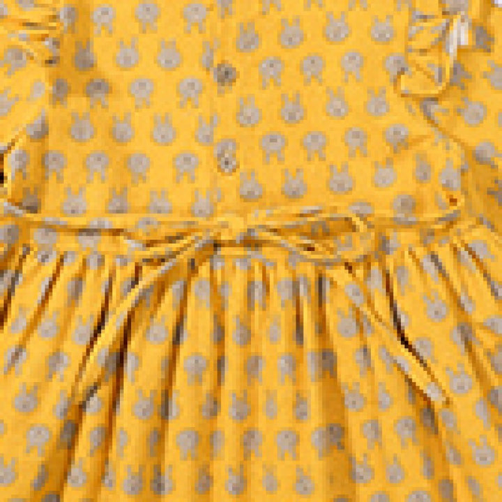 Girls Yellow Printed Puff Sleeve Ruffled Cotton Fit & Flare Dress
