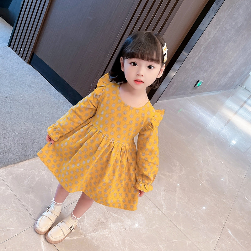 Girls Yellow Printed Puff Sleeve Ruffled Cotton Fit & Flare Dress