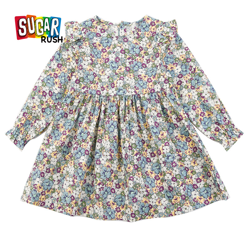 Girls Green Floral Print Puff Sleeve Ruffled Cotton Fit & Flare Dress