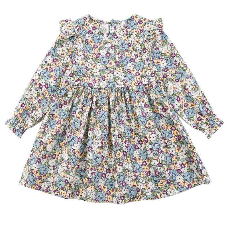 Girls Green Floral Print Puff Sleeve Ruffled Cotton Fit & Flare Dress