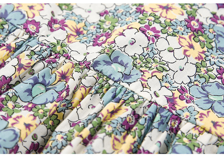 Girls Green Floral Print Puff Sleeve Ruffled Cotton Fit & Flare Dress