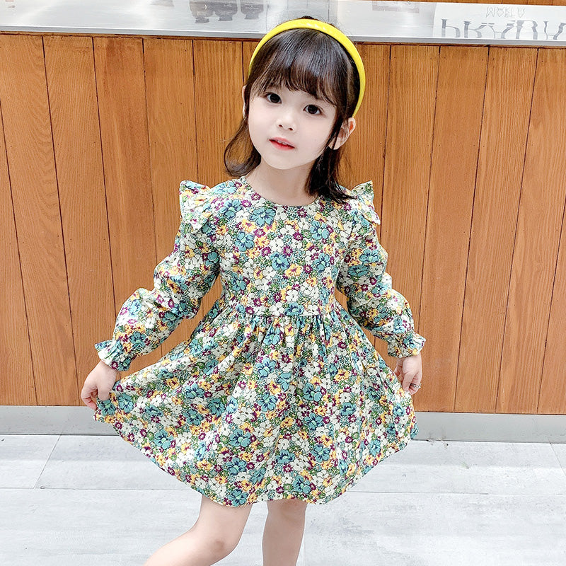 Girls Green Floral Print Puff Sleeve Ruffled Cotton Fit & Flare Dress