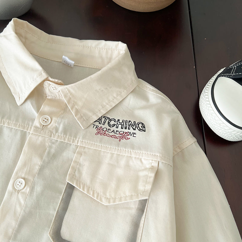 Unisex Kids Spread Collar Typography Printed Cotton Casual Shirt