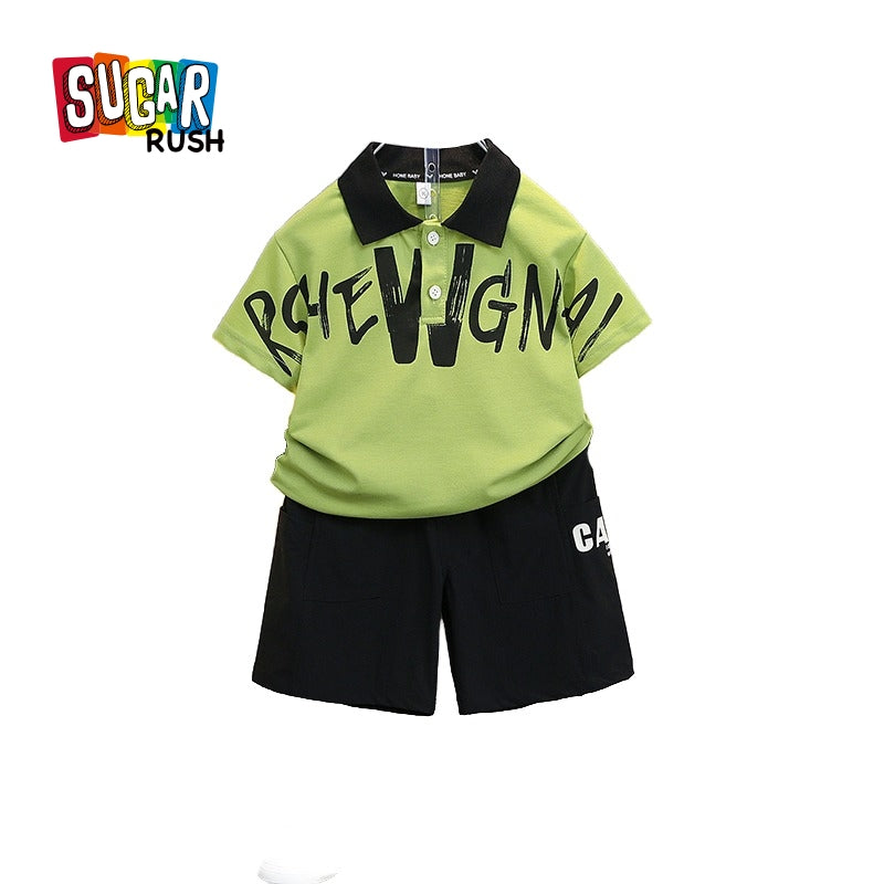 Boys Green & Black Printed T-shirt with Shorts