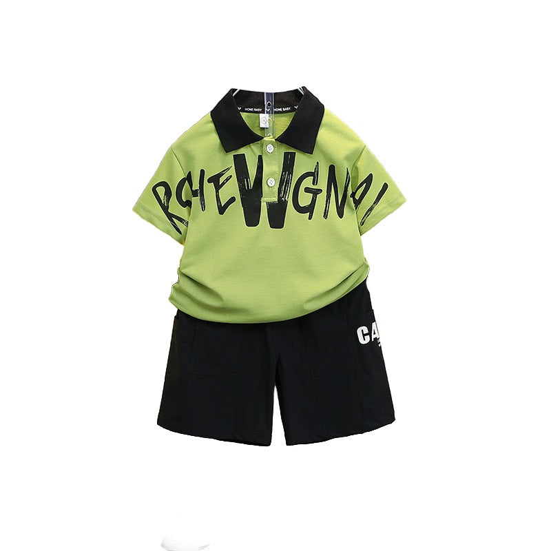 Boys Green & Black Printed T-shirt with Shorts