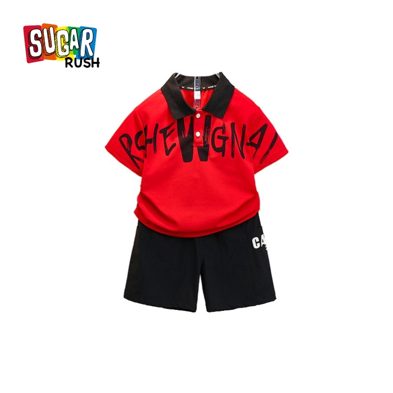 Boys Red & Black Printed T-shirt with Shorts