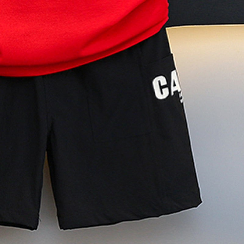 Boys Red & Black Printed T-shirt with Shorts