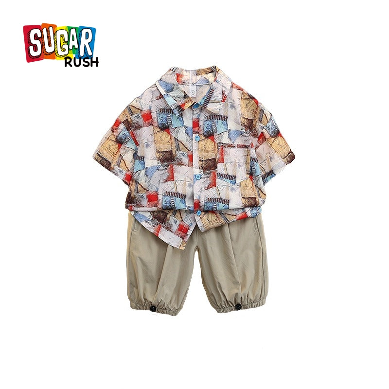 Boys Blue Abstract Printed Pure Cotton Shirt With Joggers